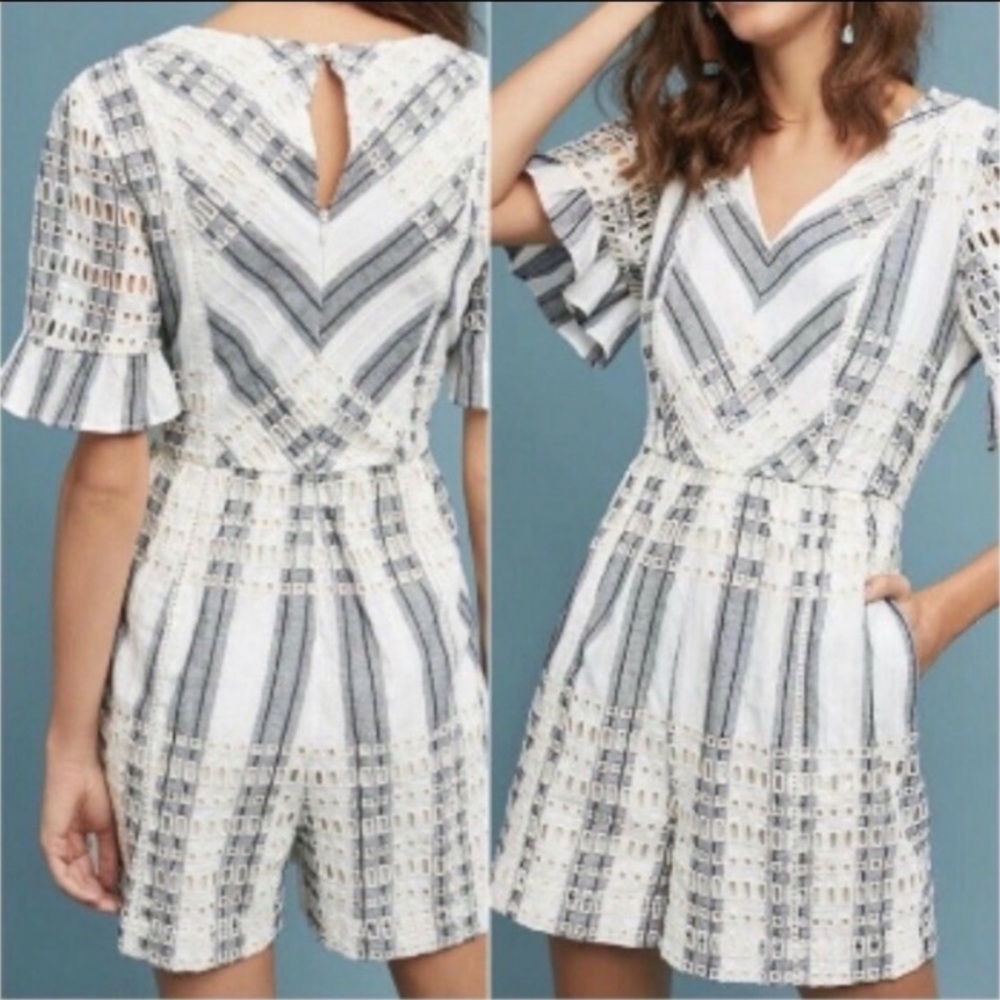 Anthropologie Ett:Twa Striped Eyelet Romper, Size 6